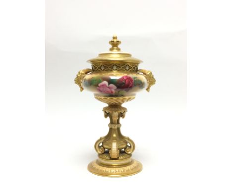 An Edwardian Royal Worcester "Hadley" rose painted Pot Pourri Vase and Cover Shape no, 139, with floral pierced rim, horned m