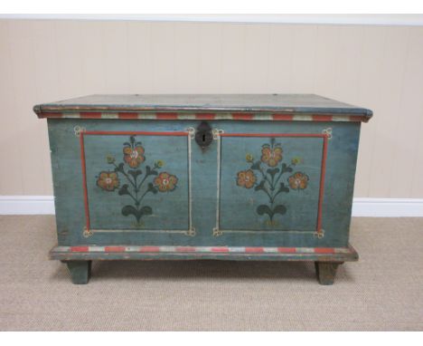 A Continental painted Trunk with hinged top and painted panels of flowers, 3ft 9in W