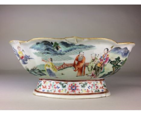 A Chinese famille rose "Immortals" oval BowlJiaqing six-character seal mark and of the periodWith gilt cusped rim, rounded si