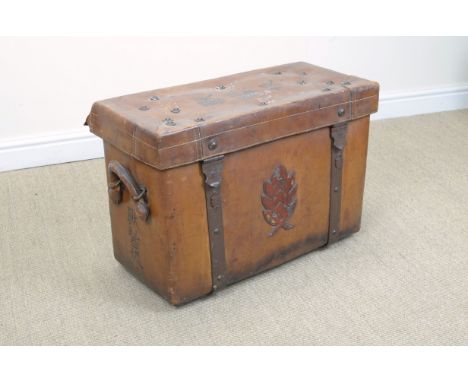 A leather iron-bound Travelling Trunk with leather handles and canvas lined interior, Chinese marks, 2ft 4in W x 1ft 8in H