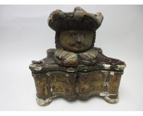 An early carved wood and polychrome Finial in the form of Charles I, 6 x 7in, and a Continental Casket of serpentine form dec