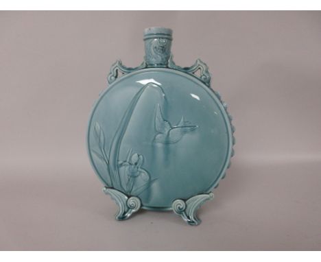 A Royal Worcester Moon Vase, secessionist design moulded bird and lily pattern in blue glaze, dragon moulded collar, 14in H