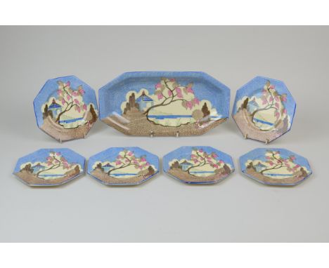 A Clarice Cliff 'Blue Japan' painted Sandwich Set viz; sandwich plate and six side plates, printed Wilkinson Honeyglaze Bizar