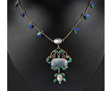 An Art Nouveau style Moonstone and Enamel Necklace set foil backed oval moonstone  cabochon within wirework plaque with ename
