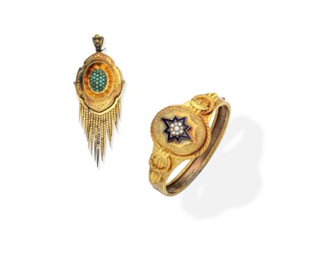 ENAMEL AND SEED PEARL-SET BANGLE; TURQUOISE-SET PENDANT, CIRCA 18651st: The hinged bangle with central plaque decorated with 