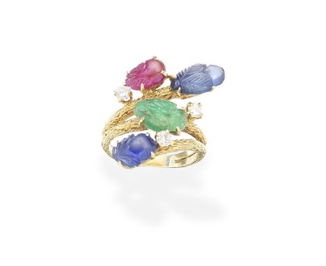 CARTIER: GEM-SET AND DIAMOND 'TUTTI FRUTTI' RING, CIRCA 1960Set with carved sapphires, rubies and an emerald with brilliant-c