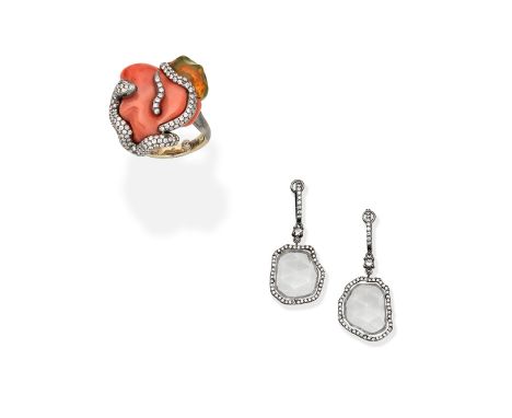 CORAL, DIAMOND AND FIRE OPAL RING; DIAMOND AND GEM-SET EARRINGS1st: The dress ring set with coral corallium rubrum with a coi