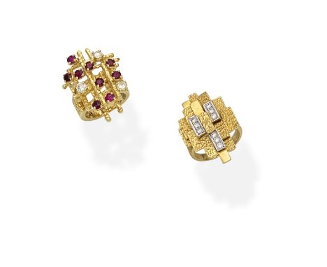 RUBY AND DIAMOND DRESS RING, 1972; DIAMOND-SET DRESS RING1st: Of geometric abstract design, set with circular-cut rubies and 