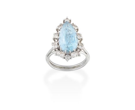AQUAMARINE AND DIAMOND RINGSet with a pear-shaped aquamarine, within a brilliant-cut diamond surround, ring size approx. NFor
