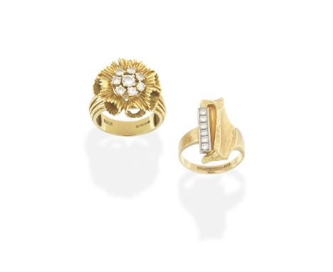 TWO DIAMOND-SET RINGS1st: Of organic design, accented with a row of brilliant-cut diamonds, mounted in 18 carat gold, 2nd: Th