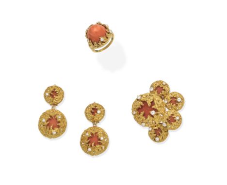 CHAUMET: CORAL AND DIAMOND-SET BROOCH AND EARCLIP SUITE; CORAL AND DIAMOND RING, UNSIGNED, CIRCA 1975The brooch and earclips 