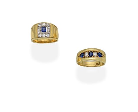 TWO SAPPHIRE AND DIAMOND RINGS1st: The wide tapering band set with a step-cut sapphire within an old brilliant-cut diamond su