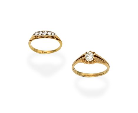 TWO DIAMOND-SET RINGS1st: The buttercup setting holding a cushion-shaped diamond, between bifurcated shoulders, 2nd: Set with