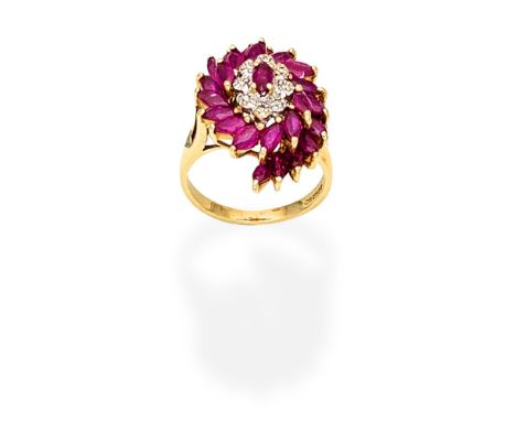 RUBY AND DIAMOND CLUSTER RING,  1988Designed as a tiered radiating cluster, set with marquise-cut rubies and brilliant-cut di