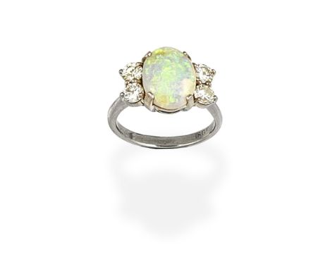 OPAL AND DIAMOND RINGThe oval opal cabochon, between brilliant-cut diamonds,  diamonds approx. 0.60ct total, ring size approx