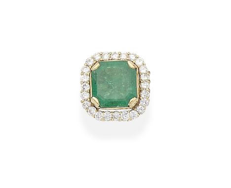 EMERALD AND DIAMOND CLUSTER RINGThe octagonal step-cut emerald within a tiered brilliant-cut diamond surround,  diamonds appr