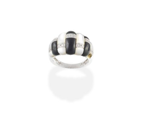 MOTHER-OF-PEARL, ONYX AND DIAMOND-SET DRESS RINGOf bombé design set with alternating mother-of-pearl and onyx plaques, accent