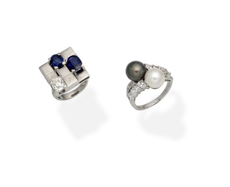 CULTURED PEARL AND DIAMOND RING; SAPPHIRE AND DIAMOND RING1st: Of crossover design, set with 9.0mm cultured pearls, one of gr