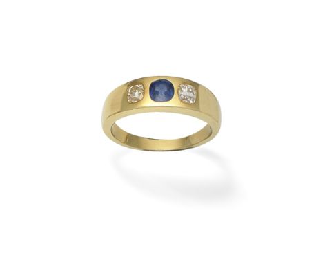 SAPPHIRE AND DIAMOND RINGThe circular-cut sapphire between cushion-shaped diamonds, diamonds approx. 0.50ct total, ring size 