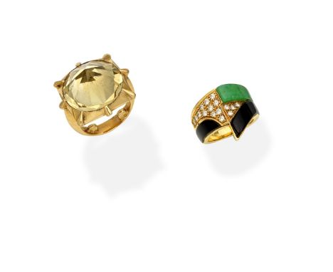 TWO GEM-SET RINGS1st: Set with a circular-cut citrine, pavilion side-up, 2nd: Of abstract design, inlaid with onyx and jade p