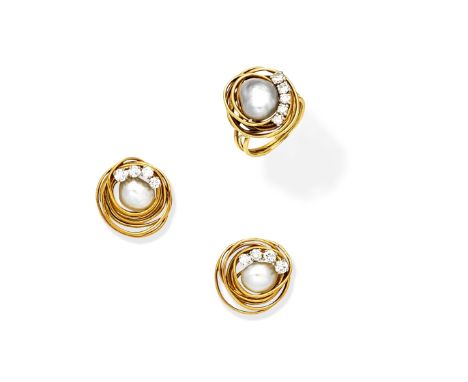 CULTURED PEARL AND DIAMOND RING AND EARRING SUITE, CIRCA 1981The cultured baroque pearl of grey tint, within an 18 carat gold