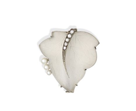 ROCK CRYSTAL, DIAMOND AND CULTURED PEARL LEAF BROOCHThe frosted rock crystal carved to depict a leaf, set with old brilliant-