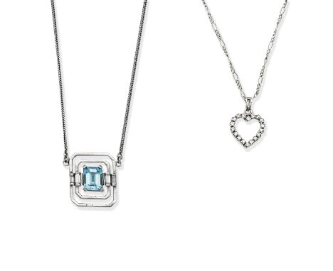 DIAMOND-SET PENDANT/NECKLACE; BLUE TOPAZ AND DIAMOND NECKLACE, 19751st: The open heart pendant set with single-cut diamonds, 