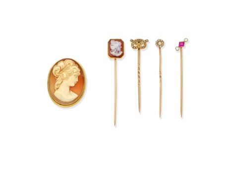 CAMEO BROOCH AND FOUR MULTIGEM-SET STICK PINS1st: The shell cameo depicting a female figure facing right, 2nd: Four stick pin