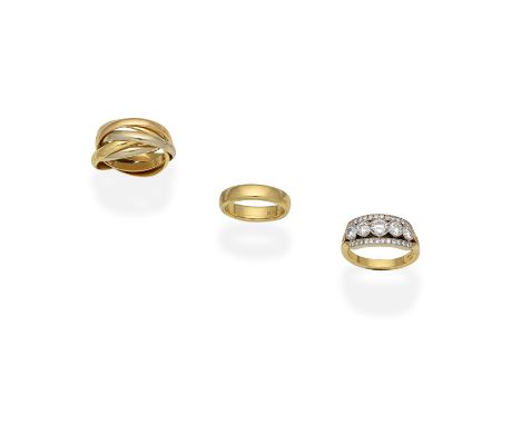 CARTIER: 'TRINITY' RING; TIFFANY: BAND RING1st: Tricolured, composed of five interlocking 18 carat gold hoops, 2nd:  Of polis