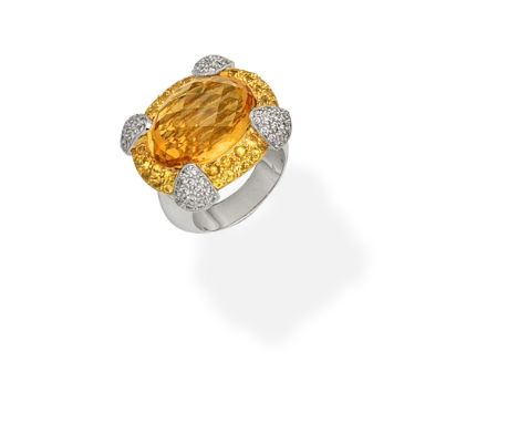 CITRINE, YELLOW SAPPHIRE AND DIAMOND-SET DRESS RING, CIRCA 1995-2000Centrally-set with a fancy-cut citrine, within a border o