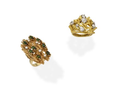 DIAMOND-SET RING; TOURMALINE AND DIAMOND RING, CIRCA 19701st: Designed as an openwork cluster of overlapping textured batons,