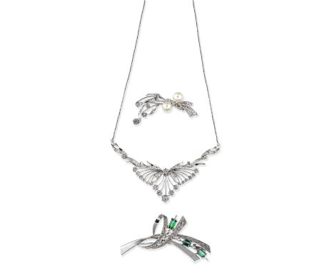 DIAMOND SET NECKLACE; CULTURED PEARL AND DIAMOND BROOCH; TOURMALINE BROOCH1st: The necklace set with brilliant and single-cut