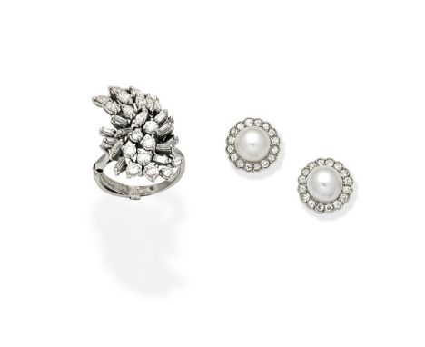 DIAMOND DRESS RING; CULTURED PEARL AND DIAMOND CLUSTER EARRINGS1st: The ring of tiered spray design, set with baguette, marqu