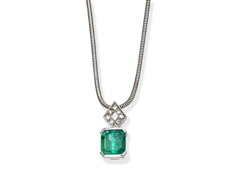 EMERALD AND DIAMOND PENDANT NECKLACESet with an octagonal step-cut emerald, on a brilliant-cut diamond surmount,  lengths: pe