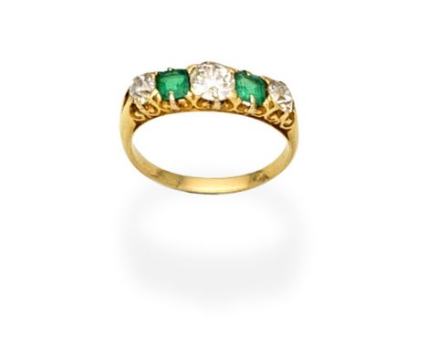 EMERALD AND DIAMOND FIVE-STONE RINGSet with alternating step-cut emeralds and old brilliant-cut diamonds, diamonds approx. 0.