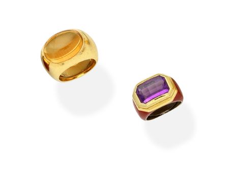 TWO GEM-SET DRESS RINGS1st: Set with a checkerboard-cut amethyst within a mount decorated with red enamel, 2nd: Set with an o