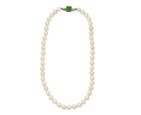 CULTURED PEARL NECKLACE WITH JADE AND DIAMOND CLASPThe 9.0mm cultured pearls, on a clasp set with a jade cabochon and single-