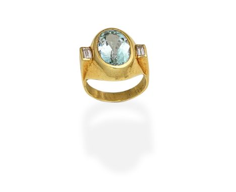 AQUAMARINE AND DIAMOND RINGThe oval-cut aquamarine between between step-cut diamond shoulders, ring size approx. Q½For furthe