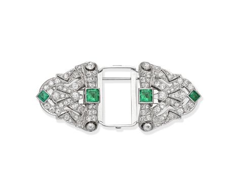 EMERALD AND DIAMOND-SET DOUBLE CLIP BROOCH, CIRCA 1945Of openwork, geometric design with scrolling motifs, set with square st