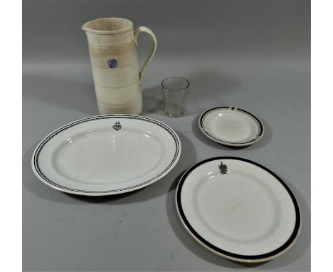 A large Canadian Northern ceramic water jug, a Canadian Pacific glass, a GWR oval serving dish, a NER Station Hotel, Harrogat