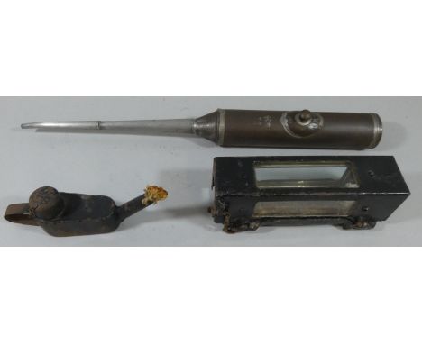 A locomotive guage protector, with glass panels, a 24" BR oiler and a BR flare lamp (3). 