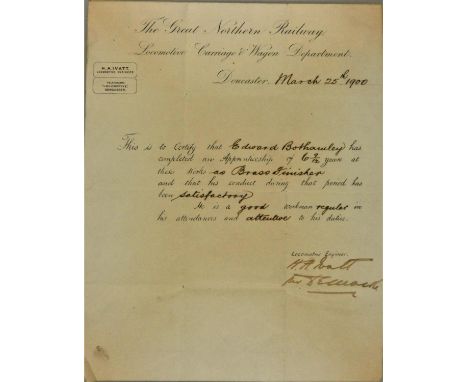 A GNR locomotive carriage &amp; wagon dept apprenticeship completion letter signed by H.A. Ivatt, 25th March 1900 and a metal