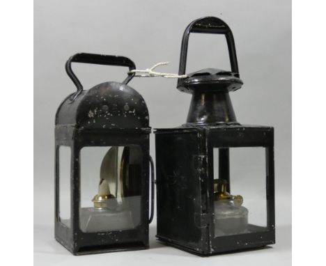 A BR hand lantern with embossed double arrow motif, 33 cm, together with another hand lantern with LNE burner (2).