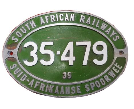 A South African Railways alloy cab plate, 35 - 479, 37 x 53 cm. 35 - 479 was built by General Motors of Port Elizabeth, c. 19