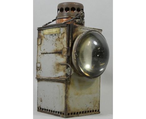 A large SR copper topped silver painted signal lamp, with burner. 
