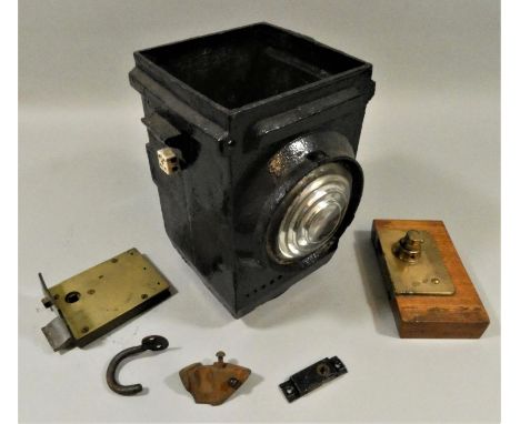 A crossing gate lamp, no top or burner, a GWR door lock, stamped GWR SWINDON, and four other items. 