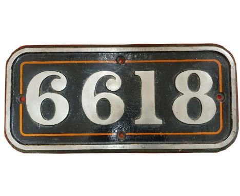 A GWR cast iron cab plate, 6618, green border, black field, also stamped ENGINE . CLASS T.0.6.2. A30. and BOILER . CLASS . BA
