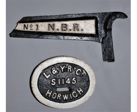 A L&amp;YR Horwich signal counter weight (20lbs) and a broken cast iron metal arm stamped NBR (2). Provenance; the NBR item i