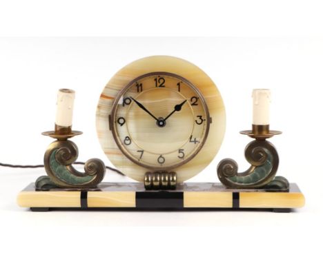 A French Art Deco marble mantle clock, 45cms wide.Condition ReportModern battery movement.