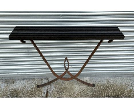 A marble topped console table on a wrought iron base, 120cms wide.